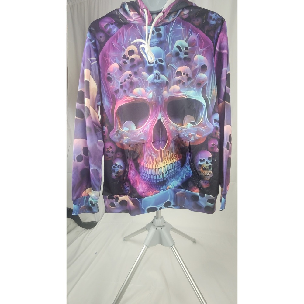 Psychedelic Skull Print Tracksuit Set Purple Blue Graphic Hoodie and Joggers M